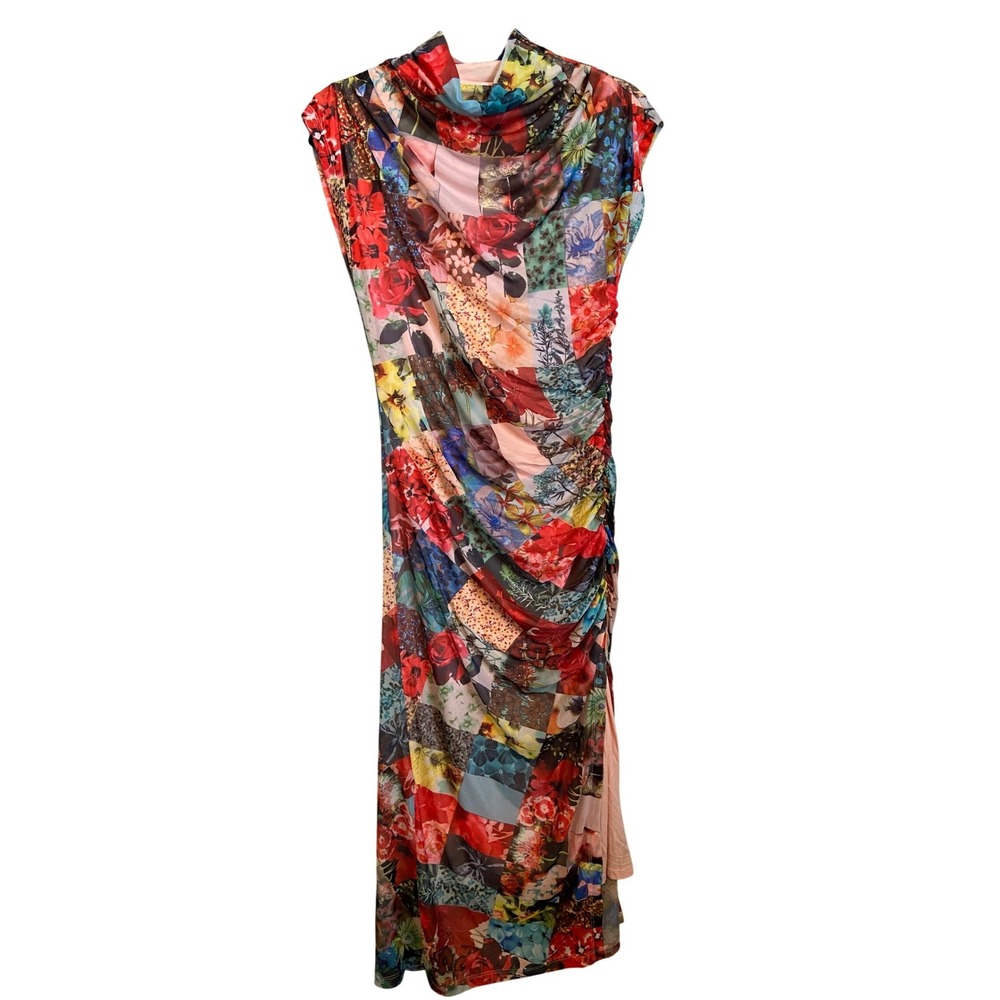 Anthropologie Red Patchwork Floral Mesh Cowl Neck Ruched Maxi Dress Small‎ NWT